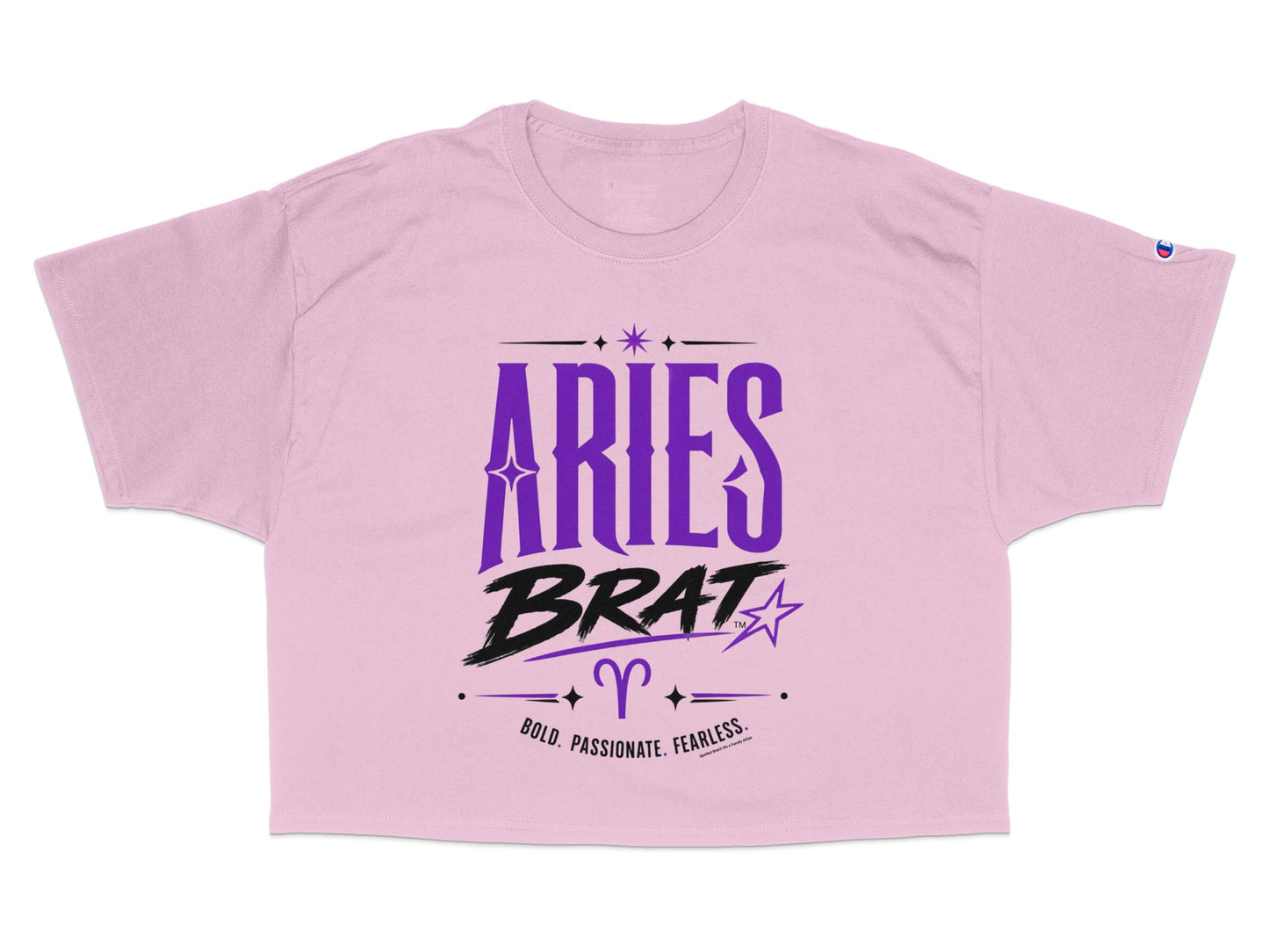 Pink crop t-shirt with "Aries Brat" text and zodiac symbol.