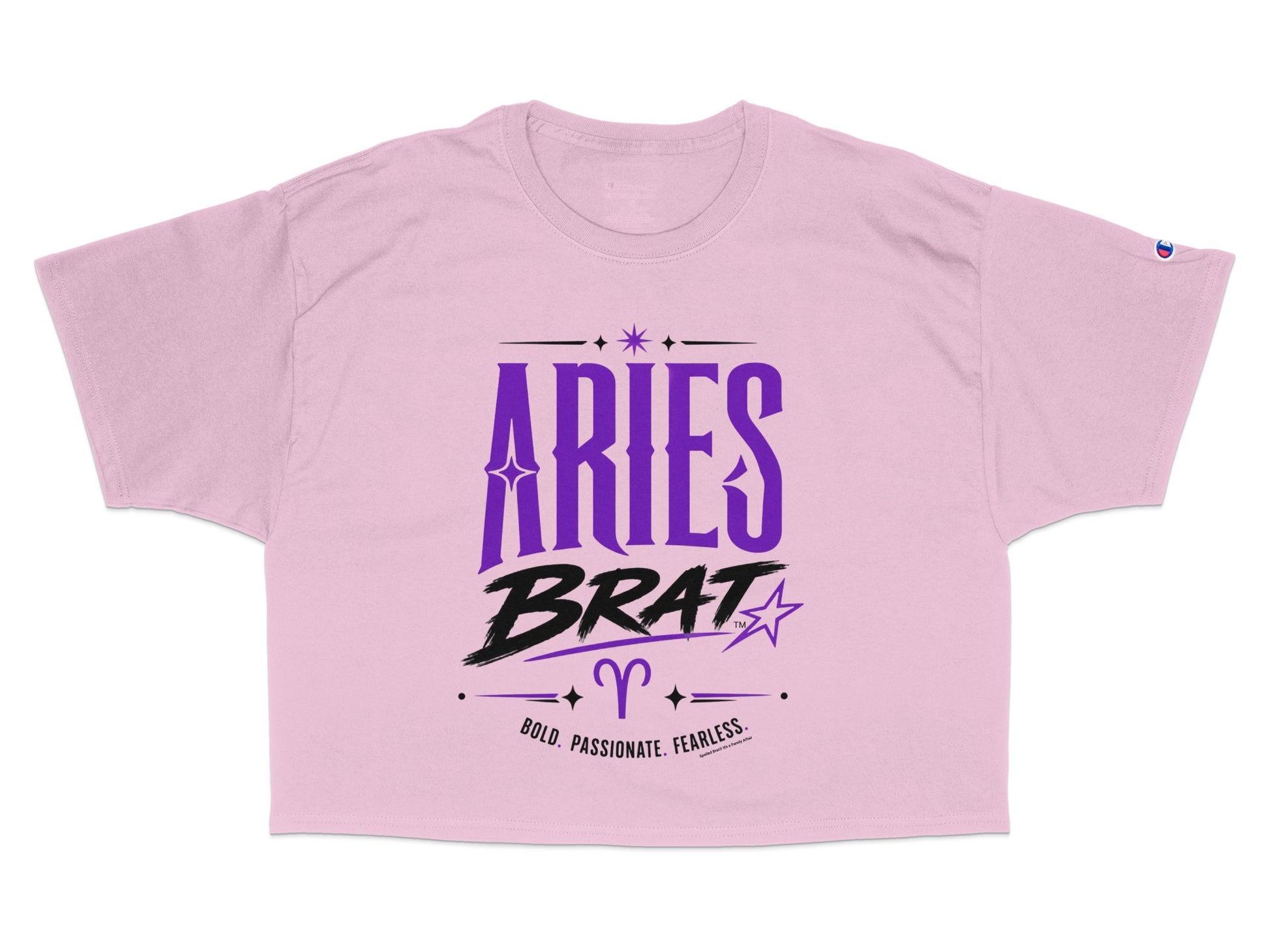 Pink crop t-shirt with "Aries Brat" text and zodiac symbol.