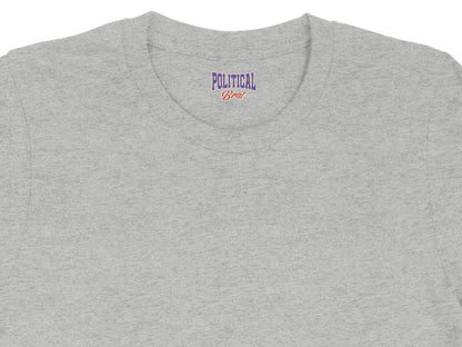 Grey t-shirt with "POLITICAL Brat" embroidered on the inside neck label.