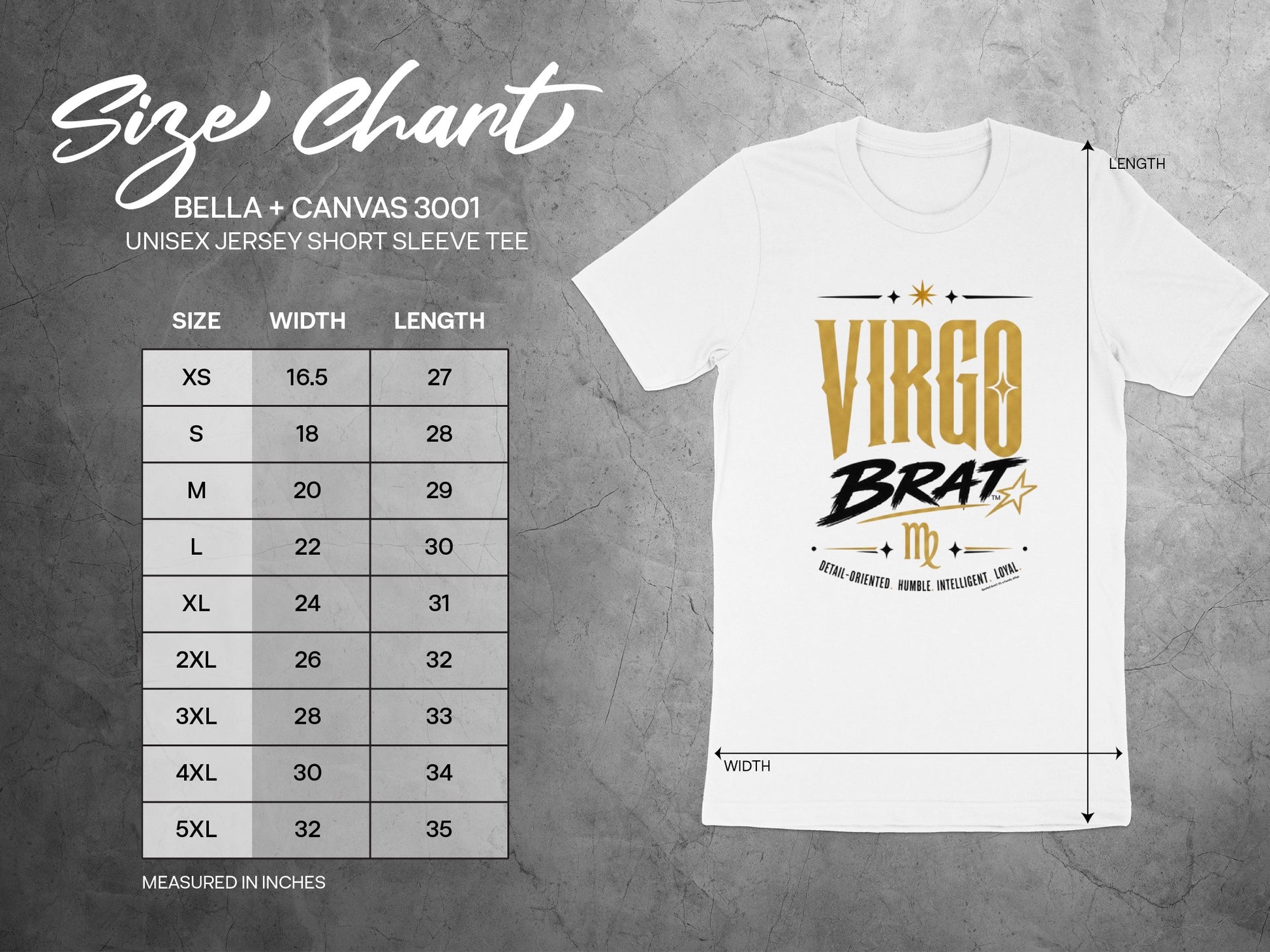 Unisex short sleeve tee size chart with measurements and "Virgo Brat" shirt graphic.