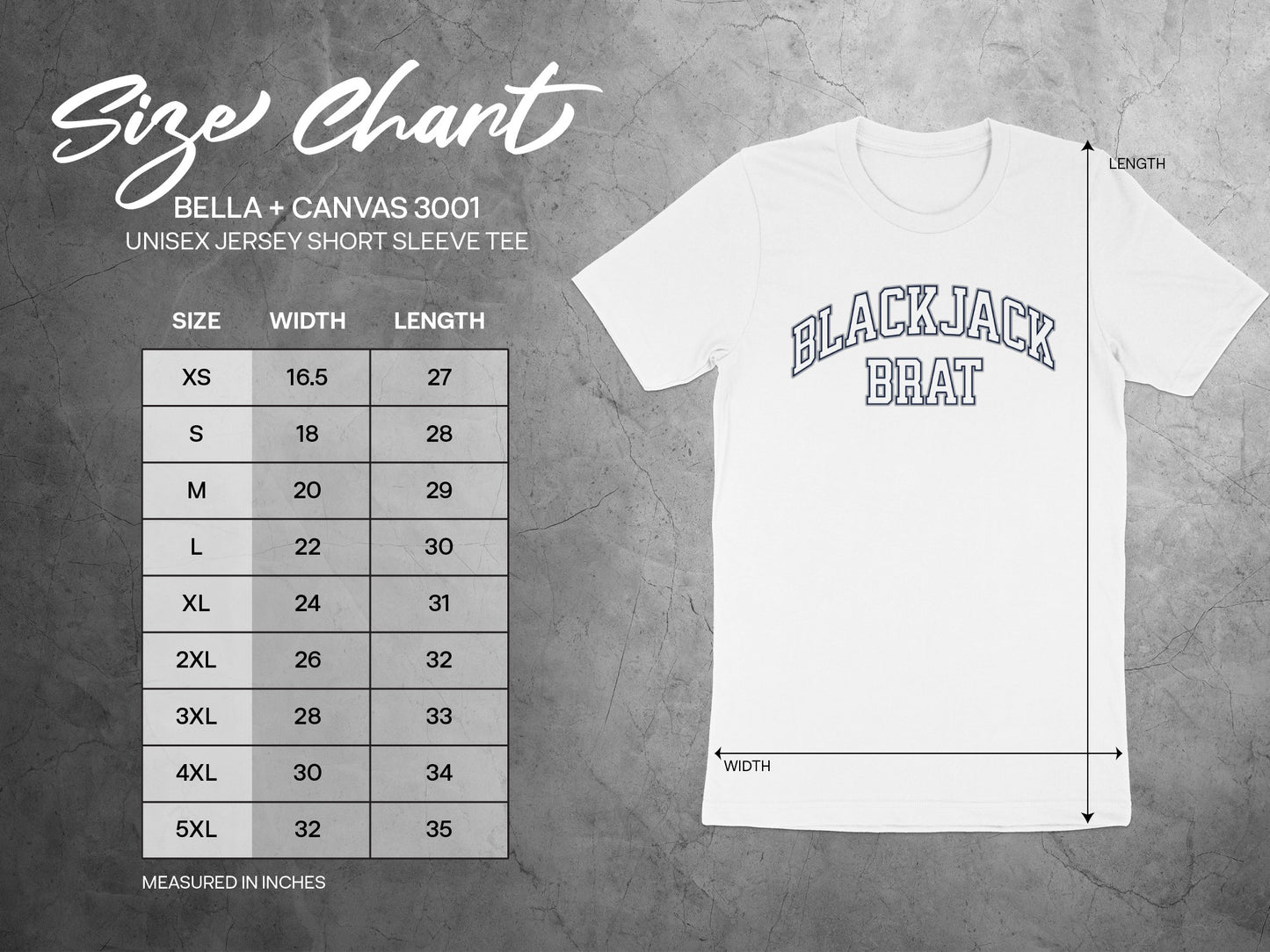 Bella + Canvas 3001 unisex short sleeve tee size chart with measurements in inches.