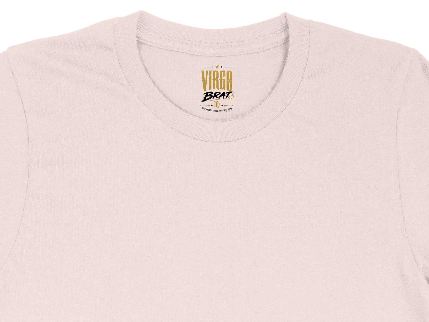 Light pink t-shirt tag with "VIRGO BRAT" and zodiac symbol.