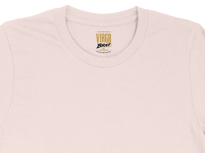 Light pink t-shirt tag with "VIRGO BRAT" and zodiac symbol.