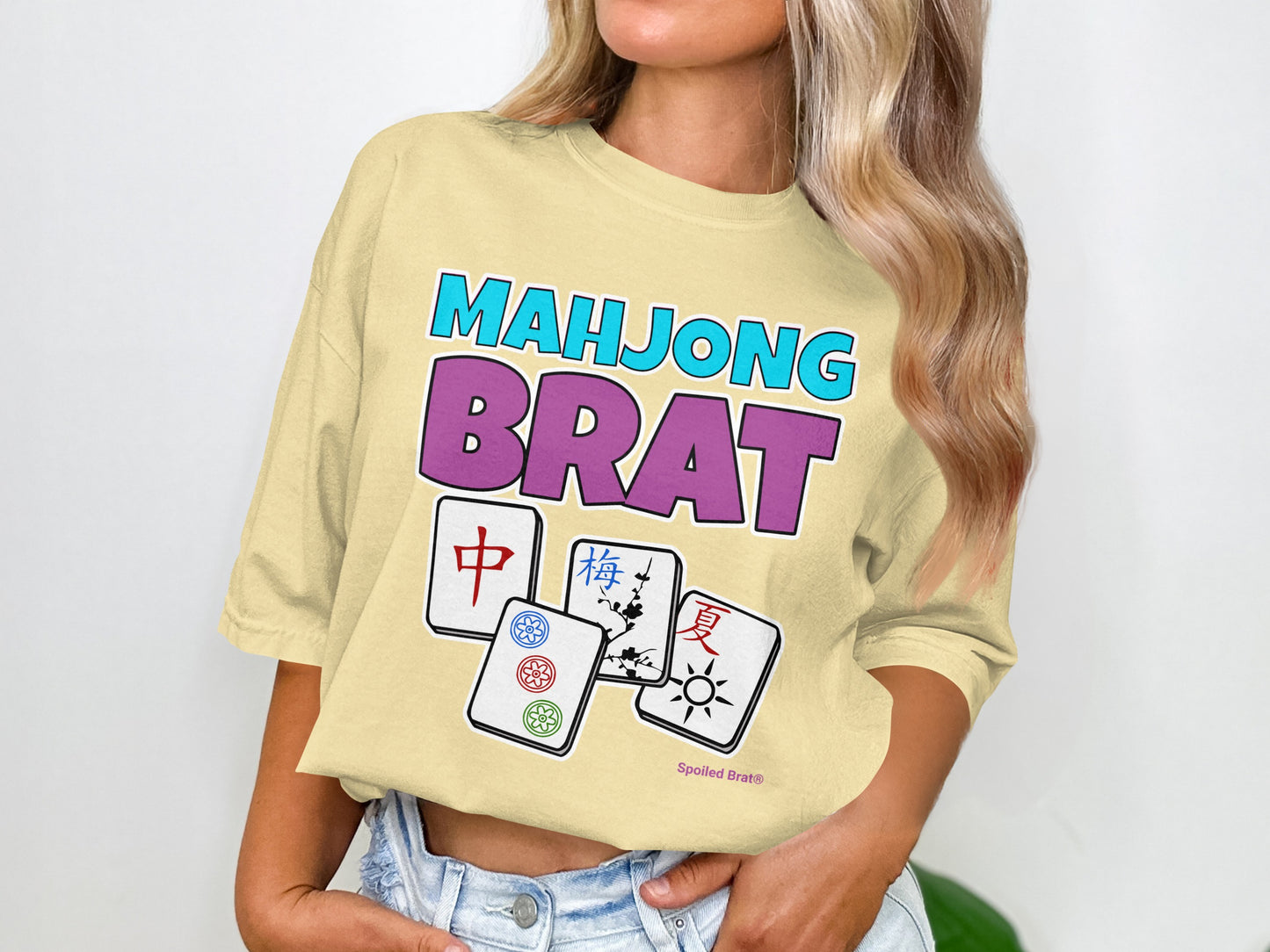 Yellow t-shirt with "Mahjong Brat" and Mahjong tiles.