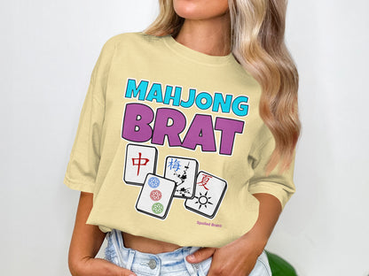 Yellow t-shirt with "Mahjong Brat" and Mahjong tiles.