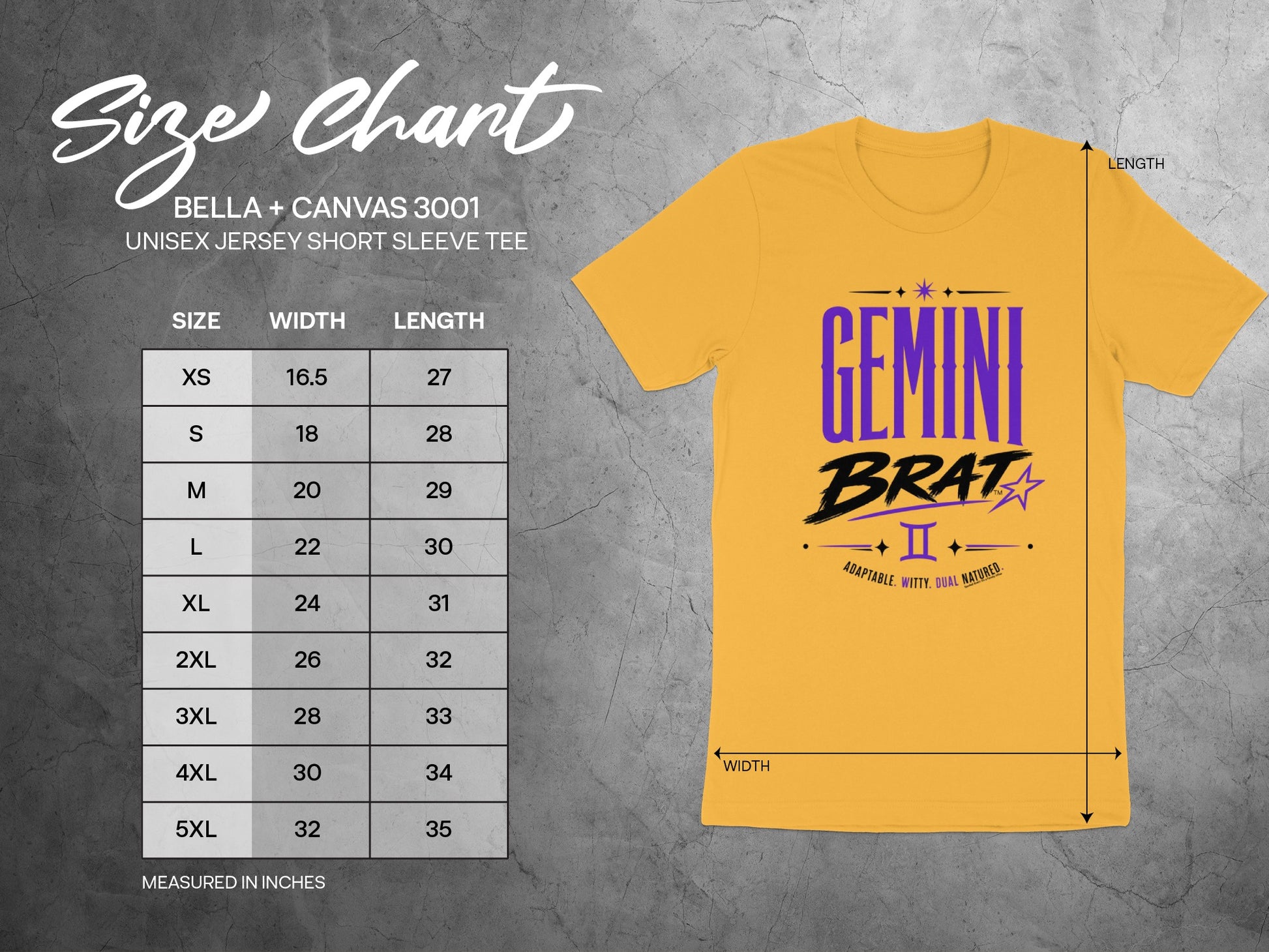 Gemini Brat unisex short sleeve tee size chart with width and length measurements.