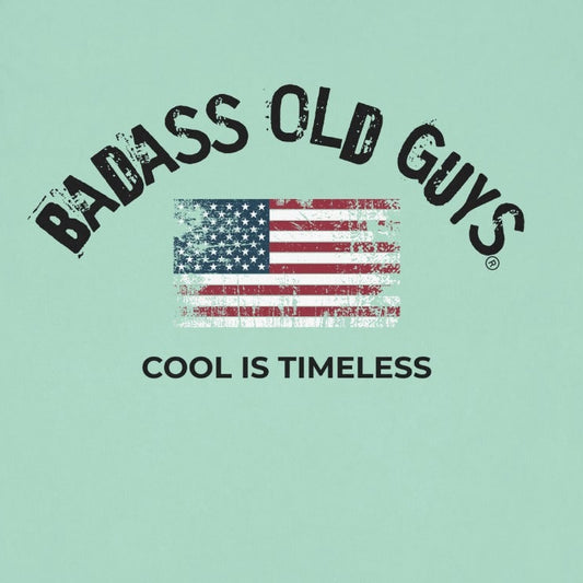 Mint green t-shirt with "BADASS OLD GUYS COOL IS TIMELESS" and American flag graphic.