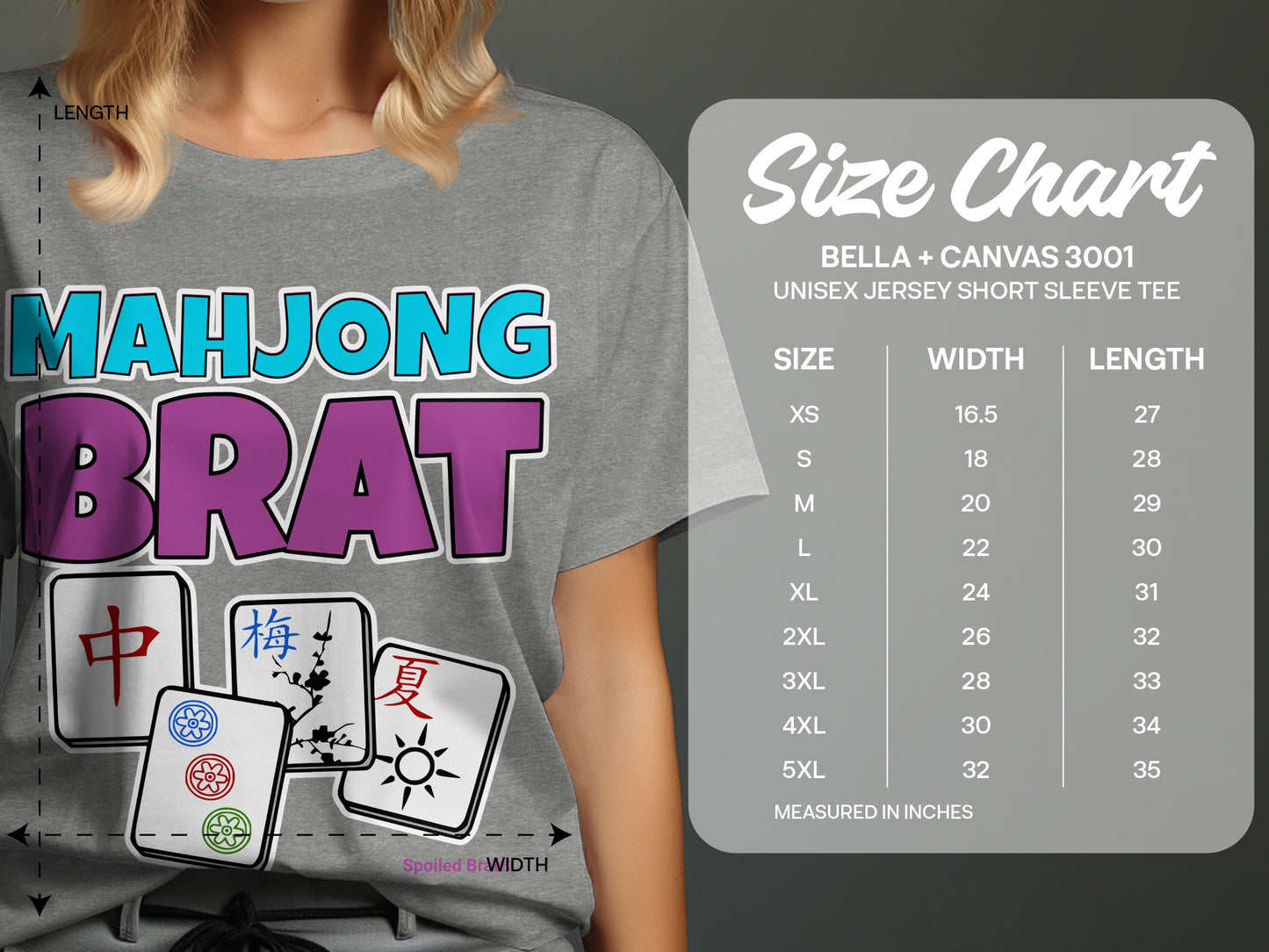 Grey t-shirt with "MAHJONG BRAT" text and Mahjong tiles, includes size chart.