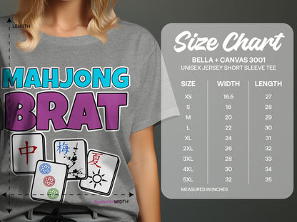Grey t-shirt with "MAHJONG BRAT" text and Mahjong tiles, includes size chart.