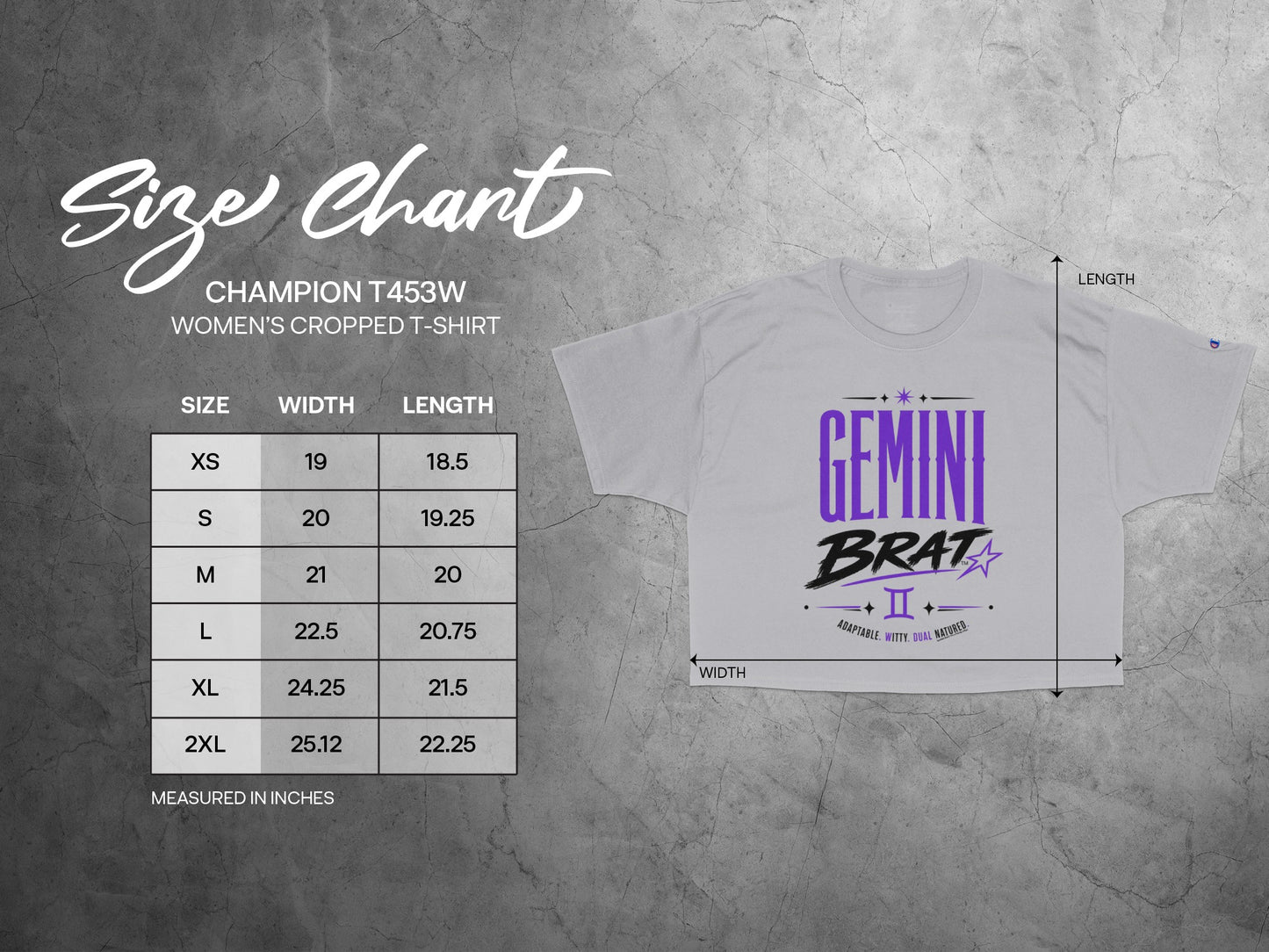Champion T453W women's cropped t-shirt size chart with width and length measurements.
