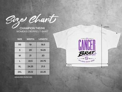 Champion T453W women's cropped t-shirt size chart with width and length measurements.