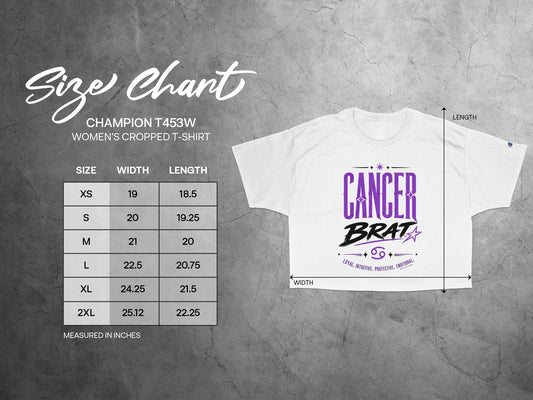 Champion T453W women's cropped t-shirt size chart with width and length measurements.