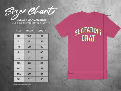 Unisex Bella+Canvas 3001 size chart with width and length measurements.