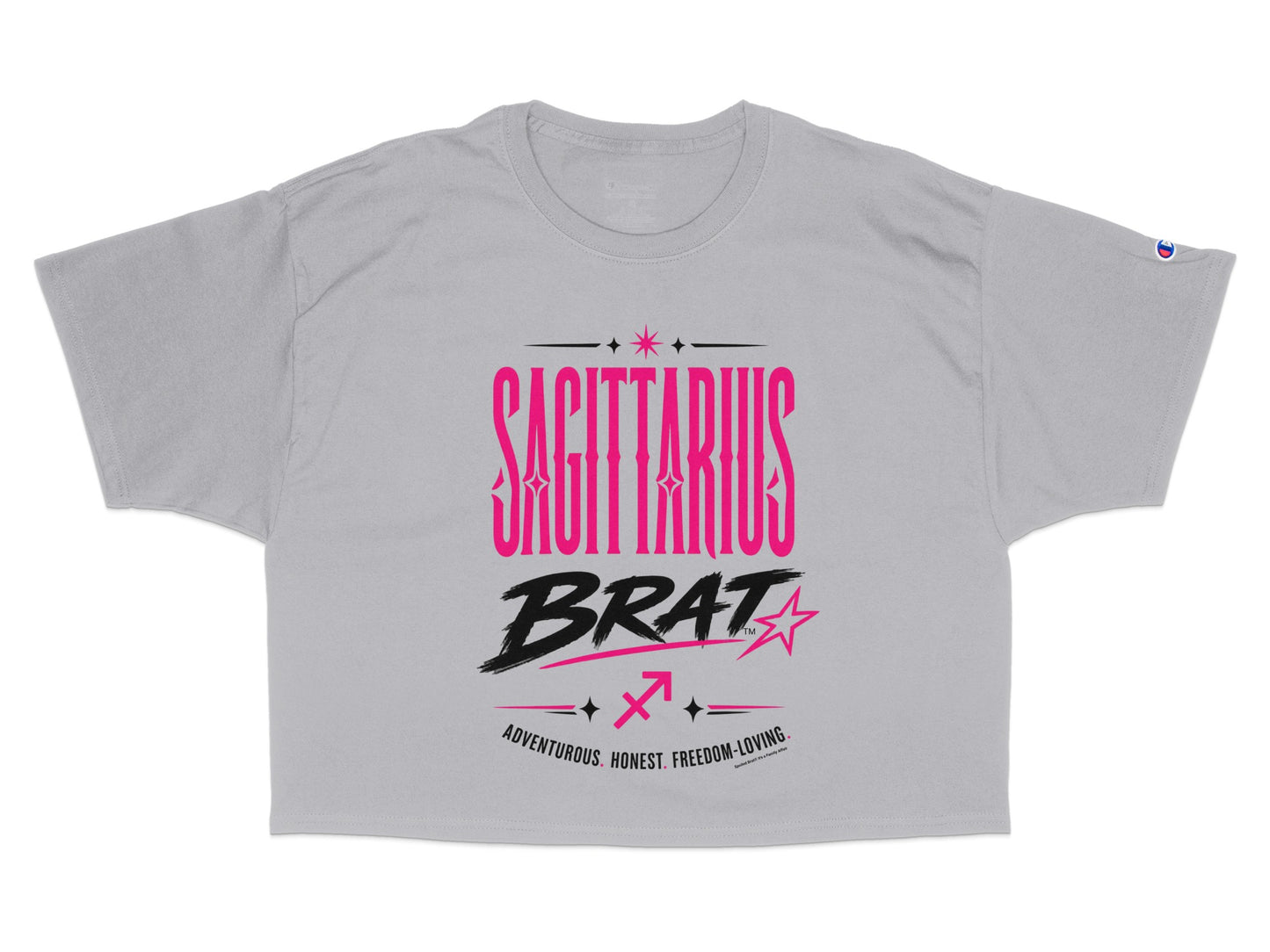 Gray cropped t-shirt with "SAGITTARIUS BRAT" text, Sagittarius symbol and traits.