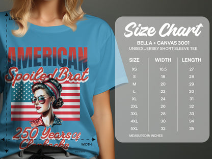 American Spoiled Brat graphic tee with US flag and size chart.