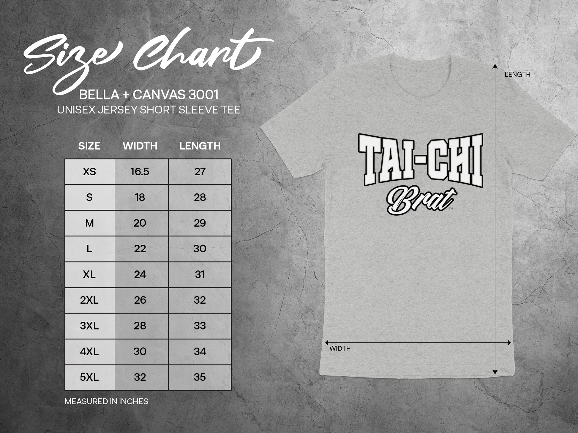 Bella + Canvas 3001 unisex tee size chart with width and length measurements.