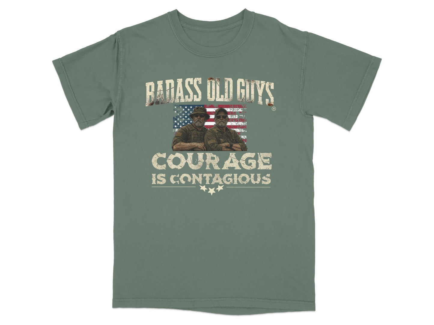 T-shirt with "Badass Old Guys Courage Is Contagious" text and two men.
