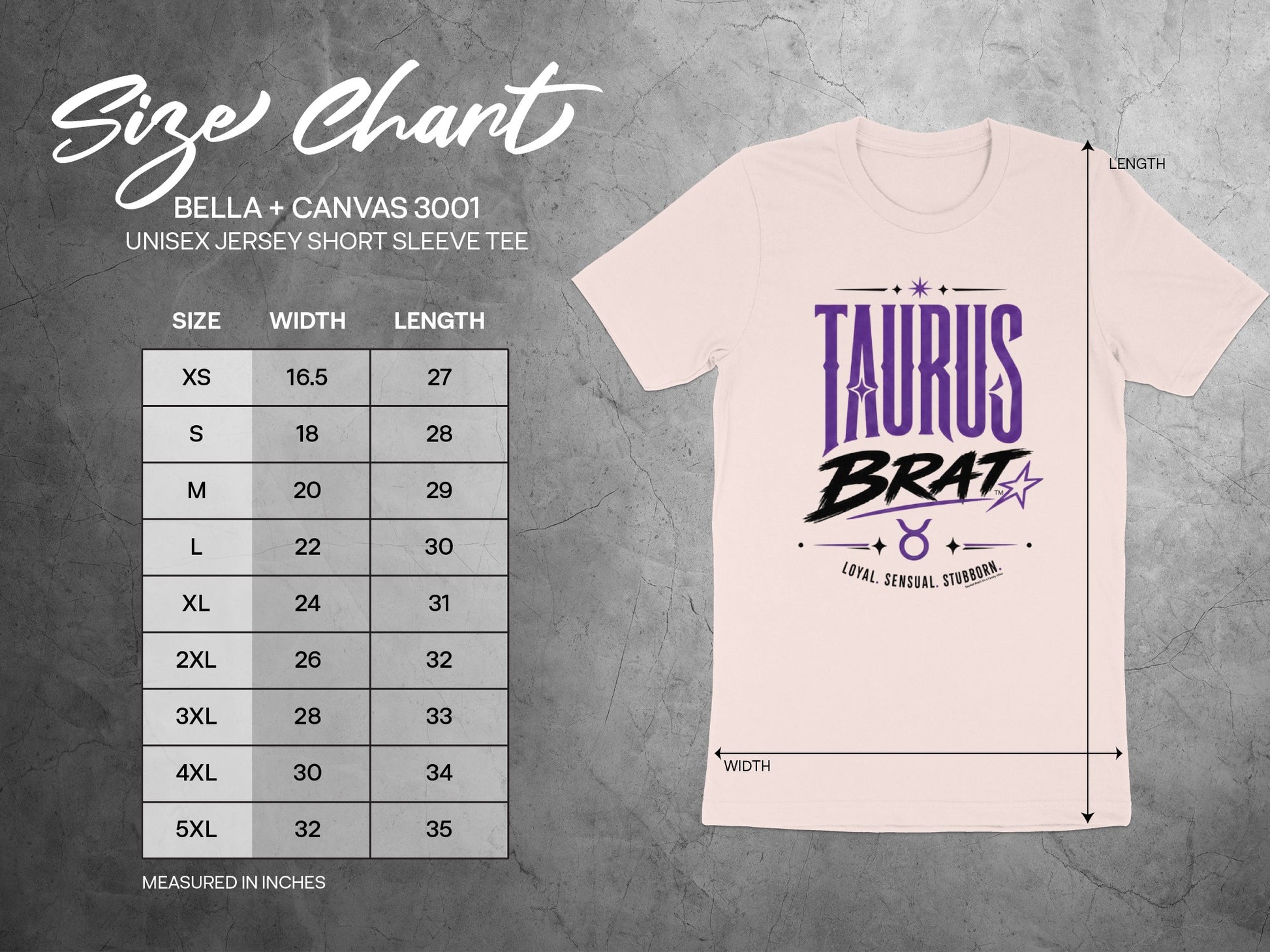 Bella + Canvas 3001 unisex tee size chart with Taurus Brat graphic.