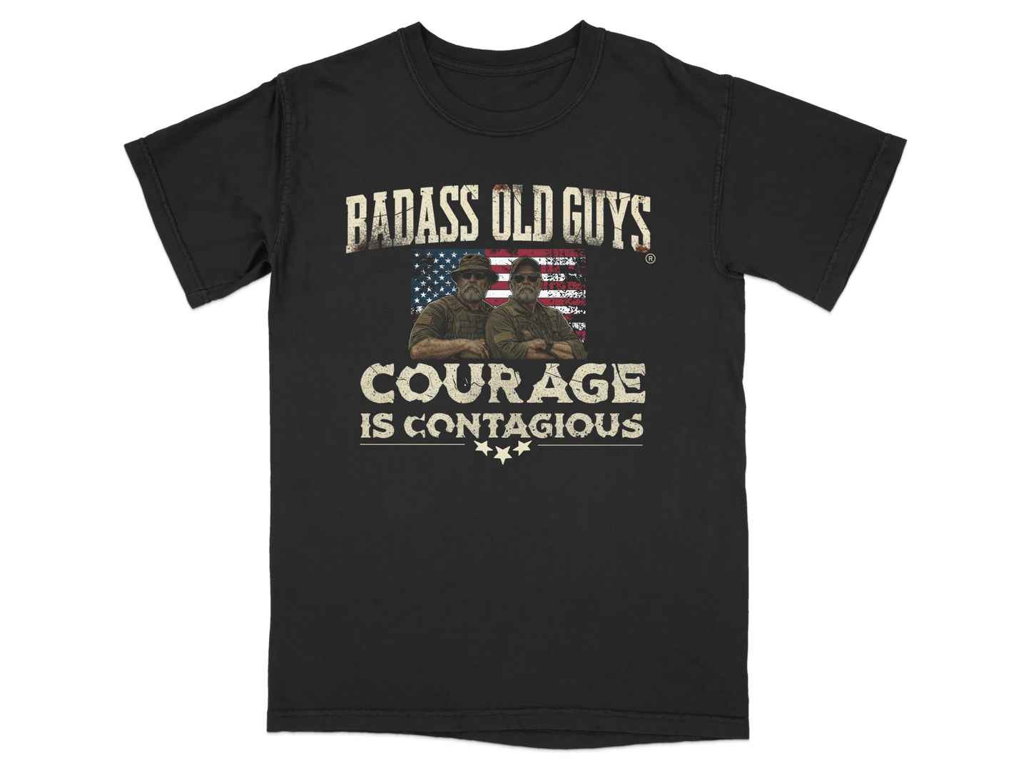 Black t-shirt with "Badass Old Guys Courage Is Contagious" and distressed flag.