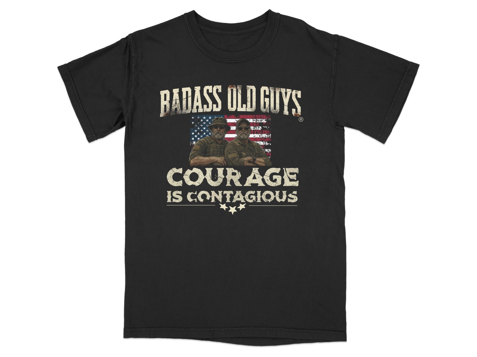 Black t-shirt with "Badass Old Guys Courage Is Contagious" and distressed flag.