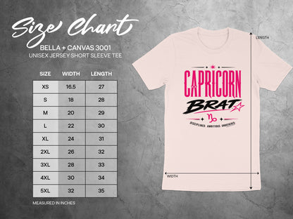 Size chart for Bella + Canvas 3001 unisex short sleeve tee with Capricorn Brat graphic.