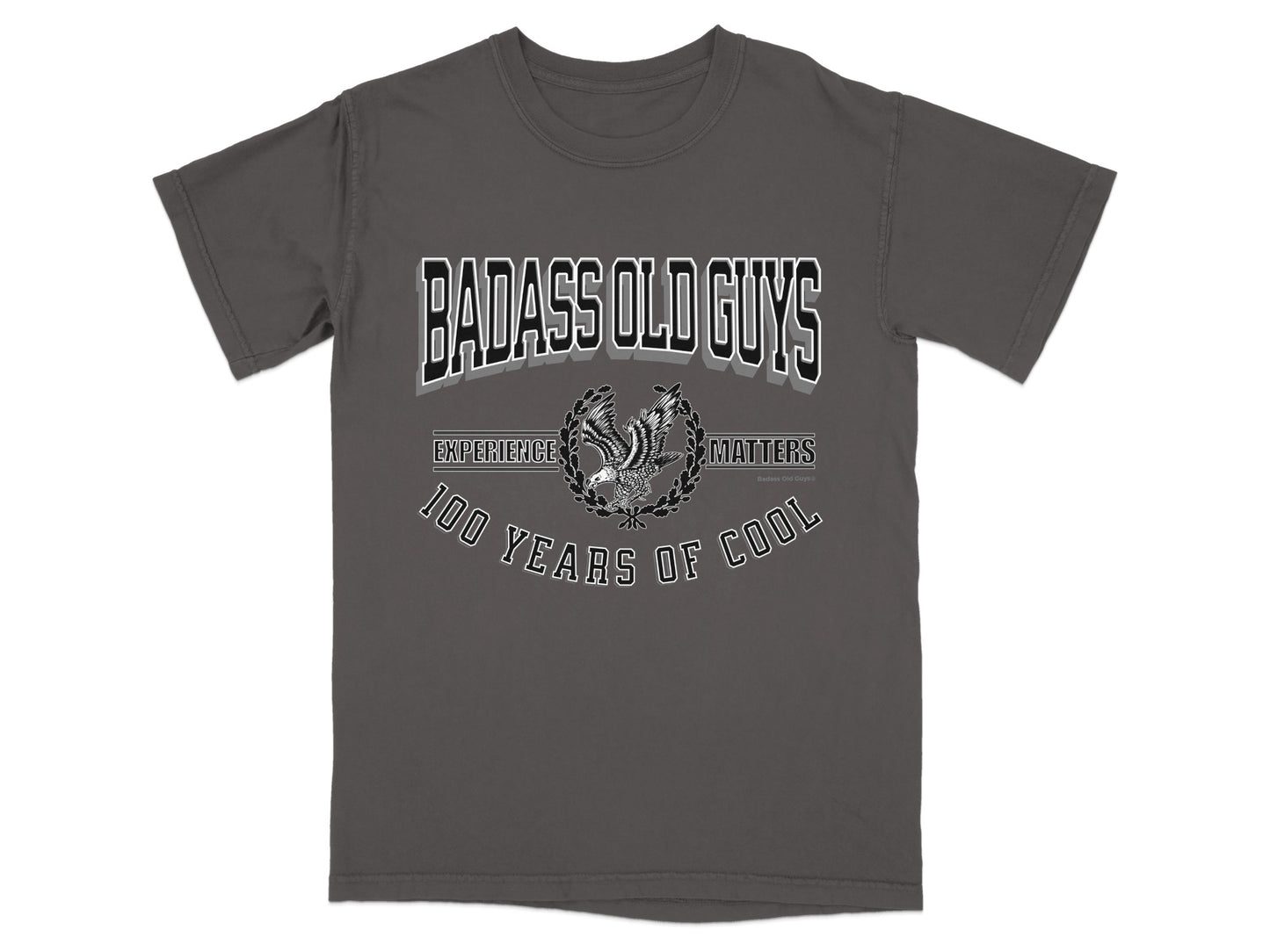 Dark grey t-shirt with "Badass Old Guys 100 Years of Cool" text and eagle graphic.