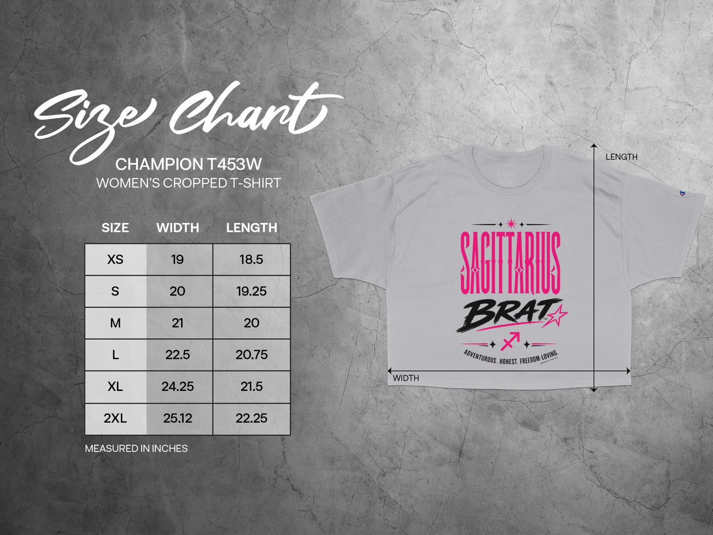 Champion T453W women's cropped t-shirt size chart with width and length.