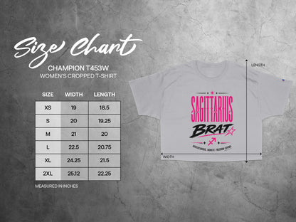 Champion T453W women's cropped t-shirt size chart with width and length.
