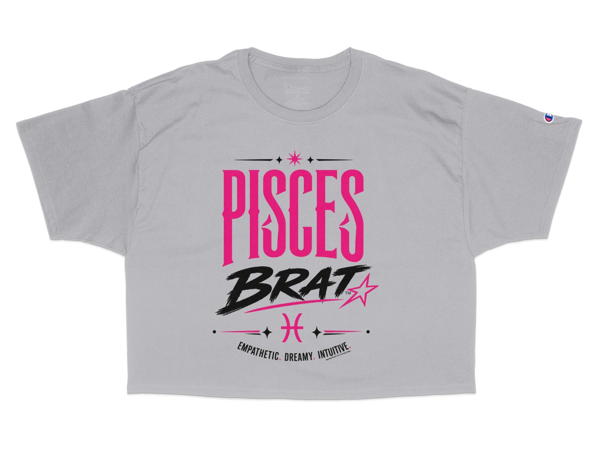 Grey t-shirt with "PISCES BRAT" text, zodiac symbol, and keywords.