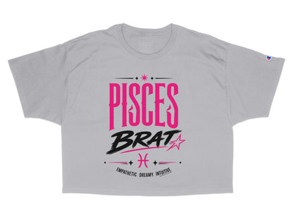 Grey t-shirt with "PISCES BRAT" text, zodiac symbol, and keywords.