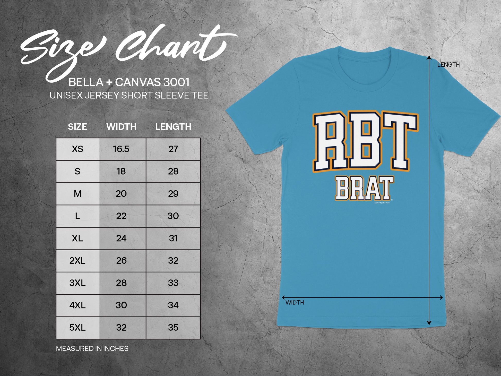 BELLA+CANVAS 3001 size chart for short sleeve tee, XS-5XL.