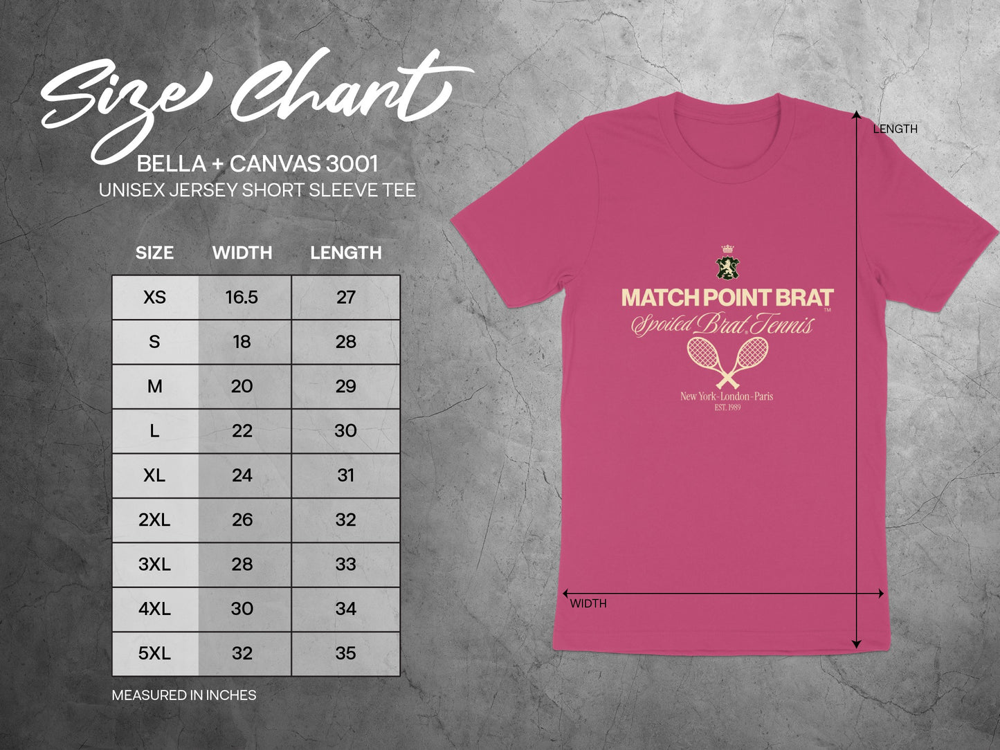 Size chart for BELLA + CANVAS 3001 unisex jersey short sleeve tee.