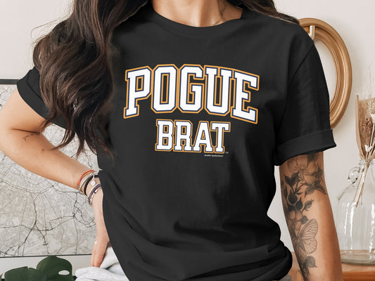 Black t-shirt with "POGUE BRAT" in collegiate style font.