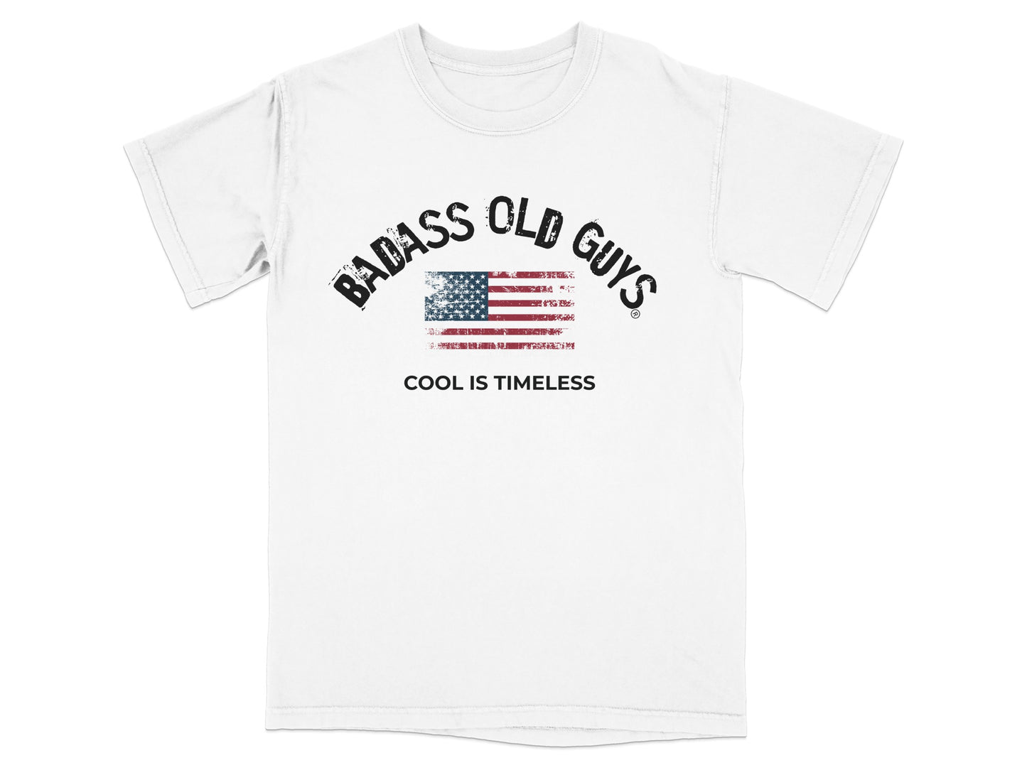 White t-shirt with "Badass Old Guys" and US flag graphic, "Cool is Timeless."