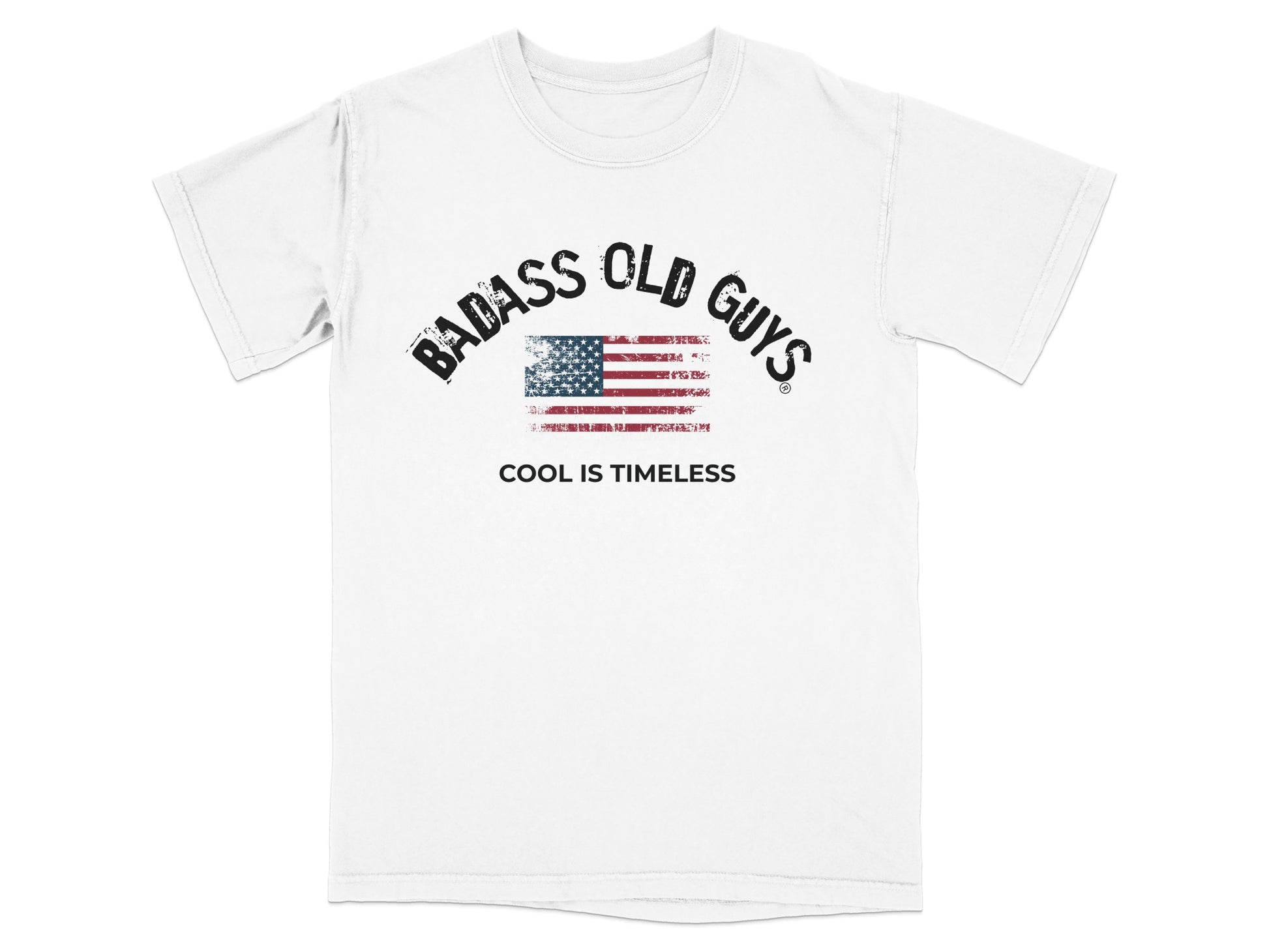 White t-shirt with "Badass Old Guys" and US flag graphic, "Cool is Timeless."