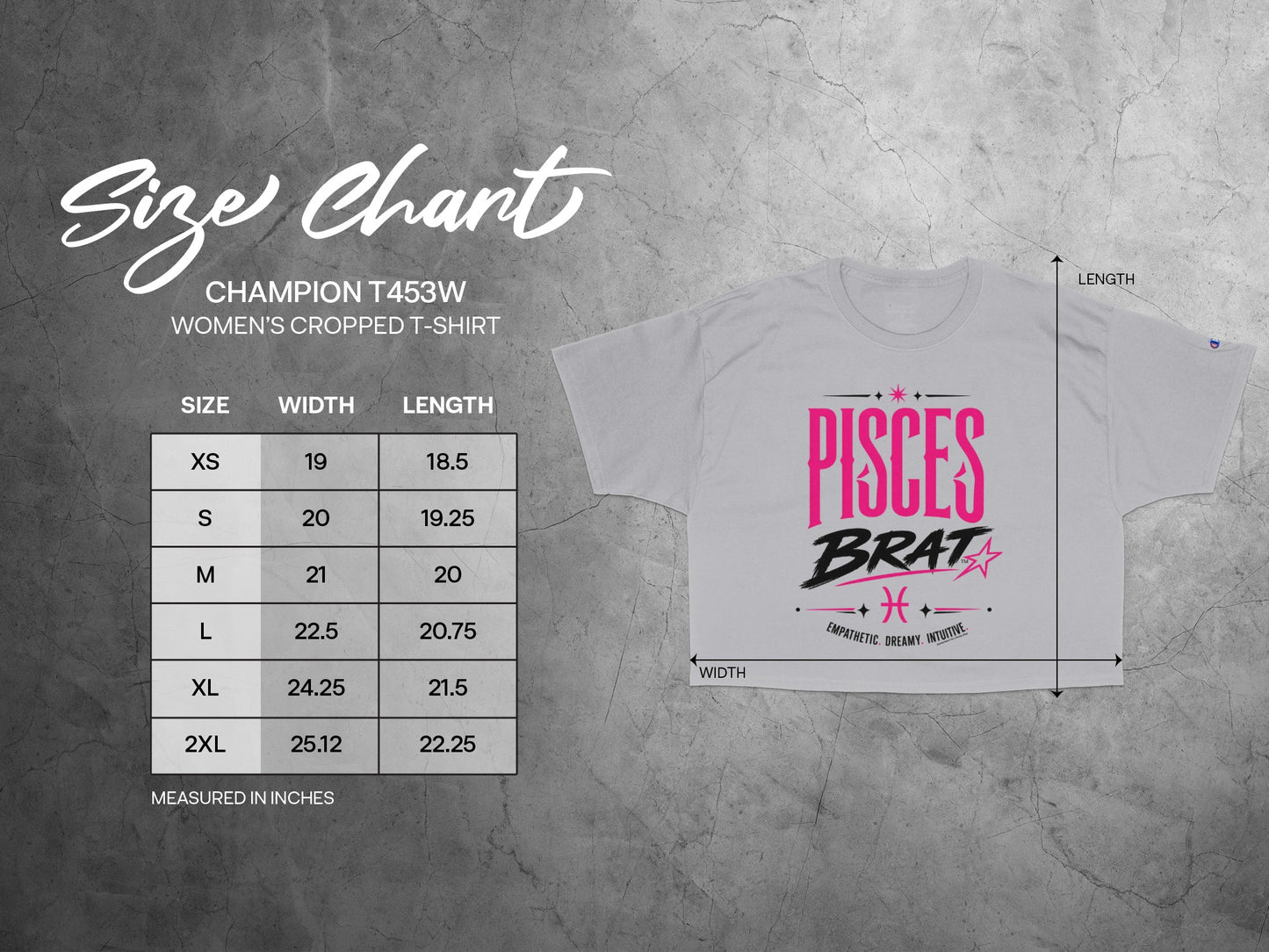 Champion T453W women's cropped t-shirt size chart with measurements.