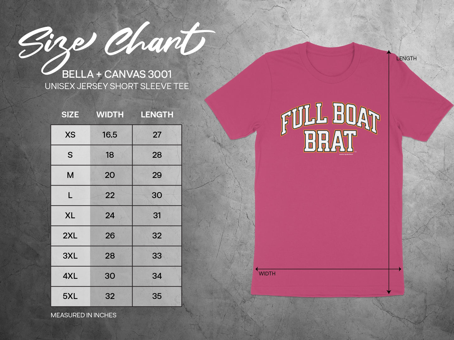 Size chart for Bella + Canvas 3001 unisex jersey short sleeve tee.