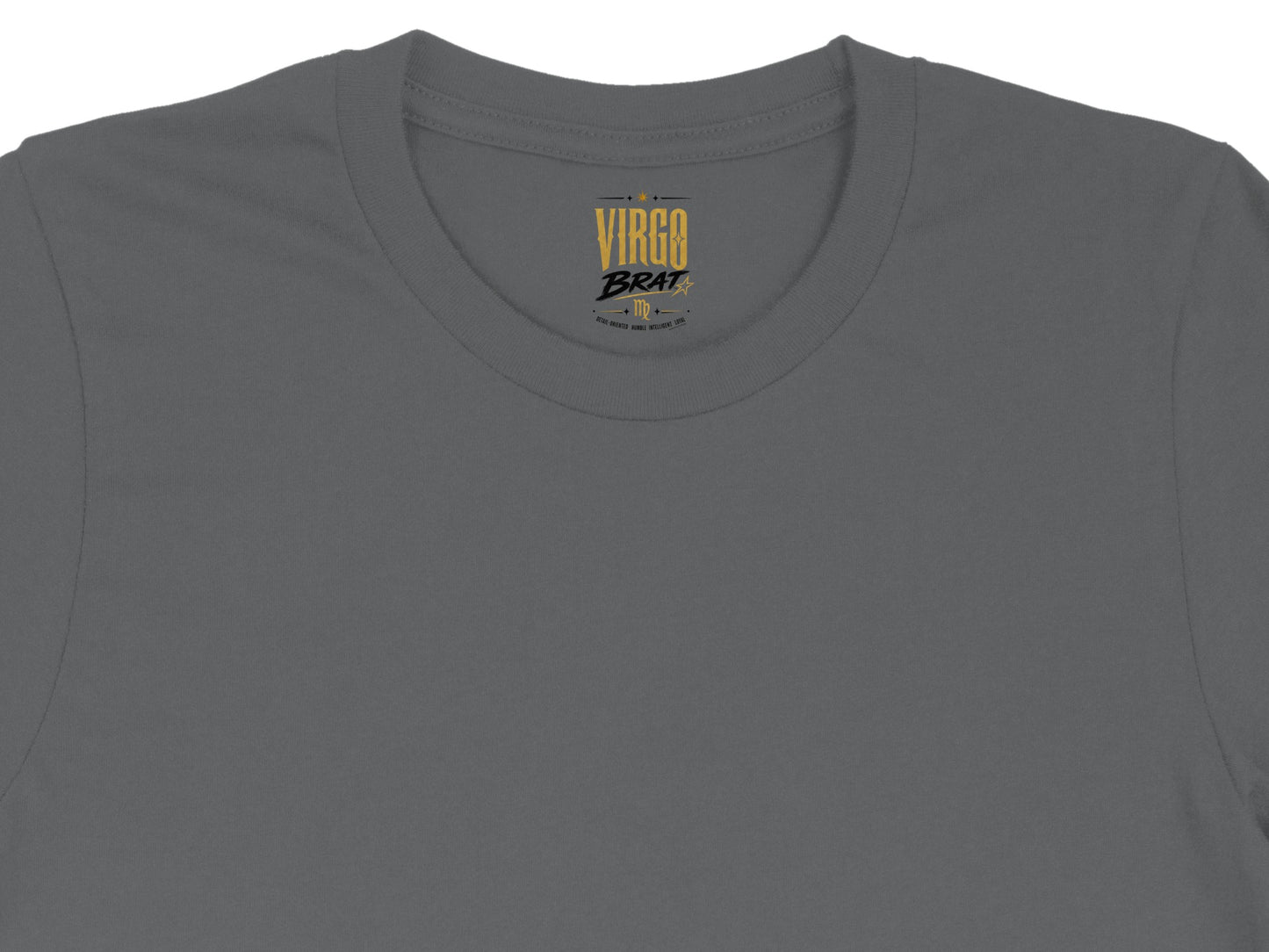 Grey t-shirt with "Virgo Brat" text and astrological symbols.