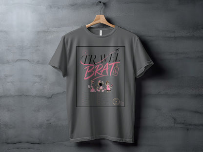 Grey t-shirt with "TRAVEL BRAT" text, travel destinations, and three stylized women.
