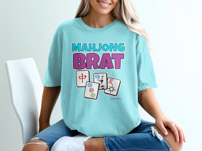 Blue t-shirt with "Mahjong Brat" text and Mahjong tiles.
