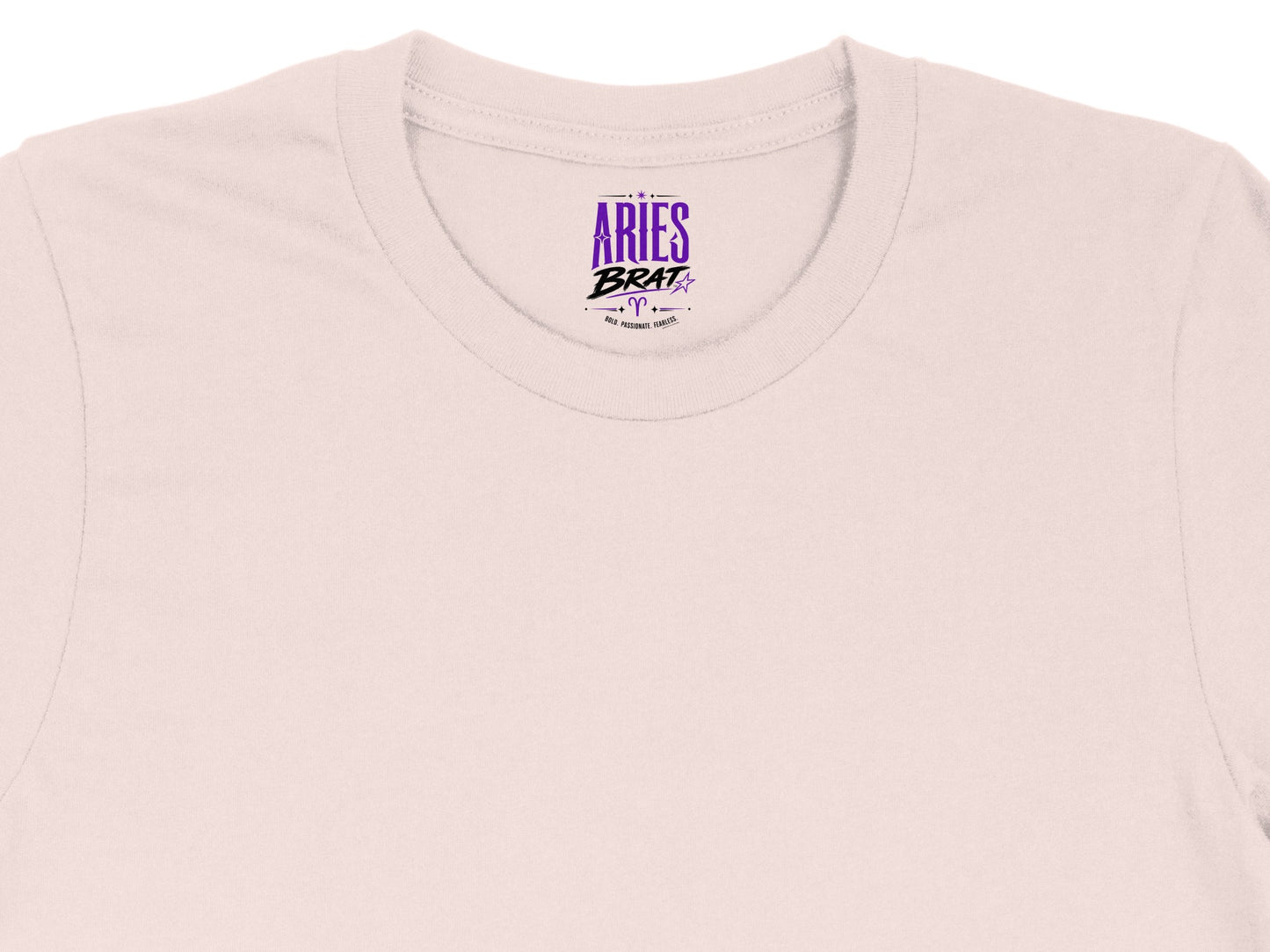 Pale pink t-shirt with "Aries Brat" and Zodiac symbol design.