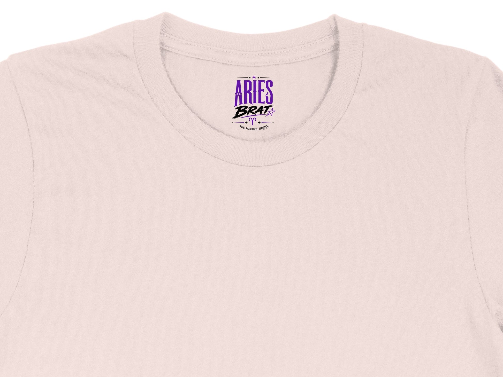 Pale pink t-shirt with "Aries Brat" and Zodiac symbol design.