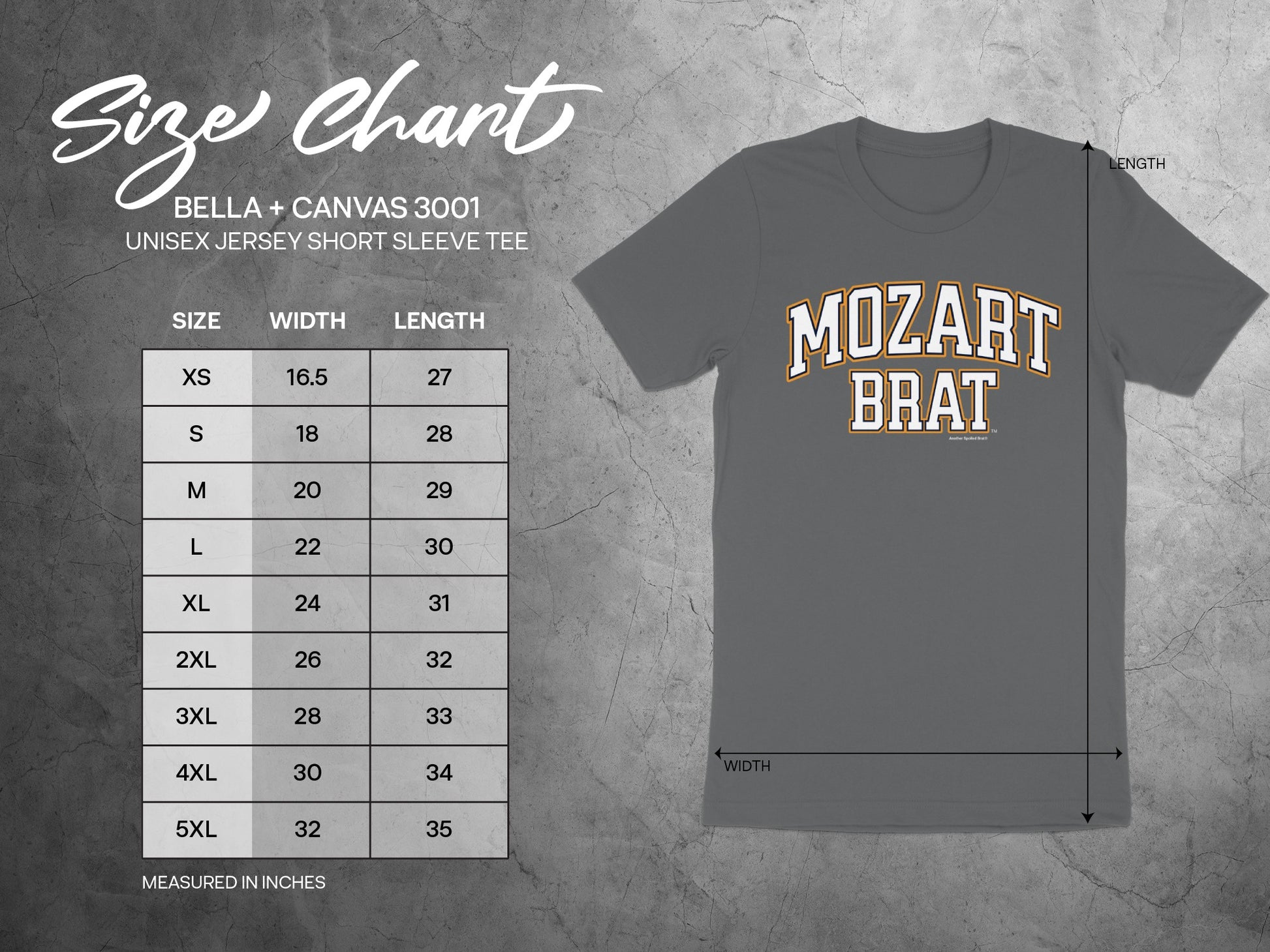 Bella + Canvas 3001 unisex jersey short sleeve tee size chart with width and length measurements.