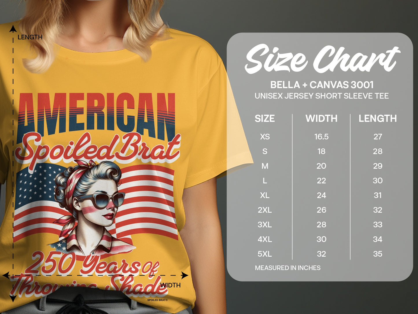 Yellow t-shirt with "American Spoiled Brat" graphic and size chart.