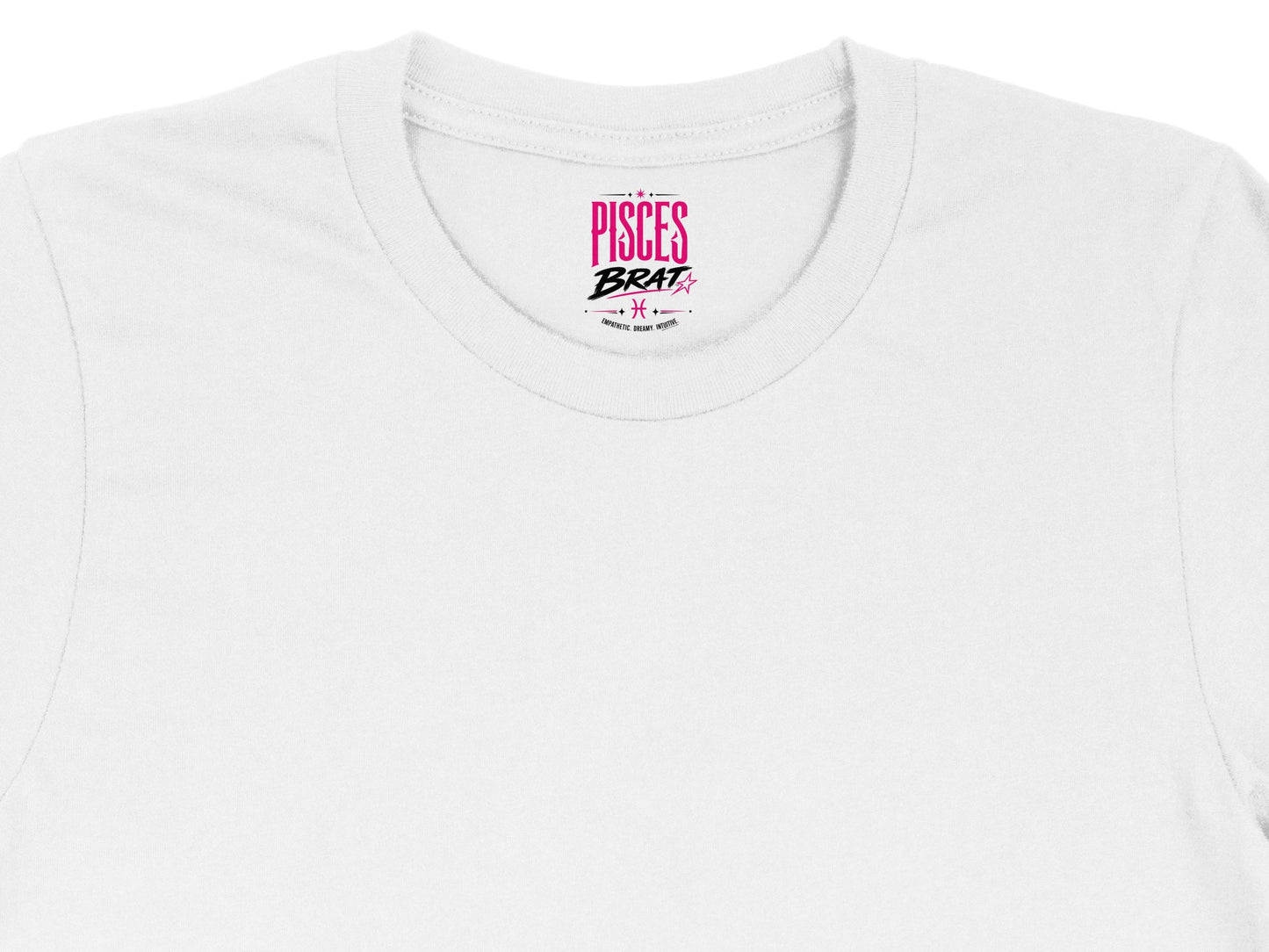 White t-shirt with "PISCES BRAT" and astrological symbols on the neck tag.
