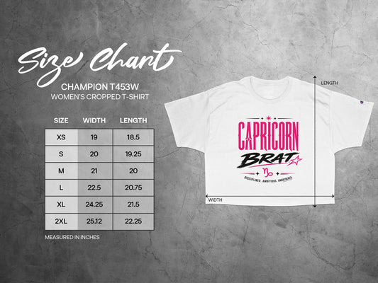 Champion T453W women's cropped t-shirt size chart with width and length measurements.