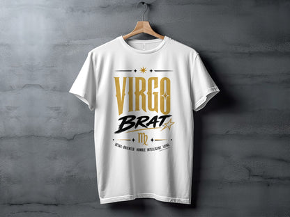 White t-shirt with "Virgo Brat" and zodiac traits printed on it.