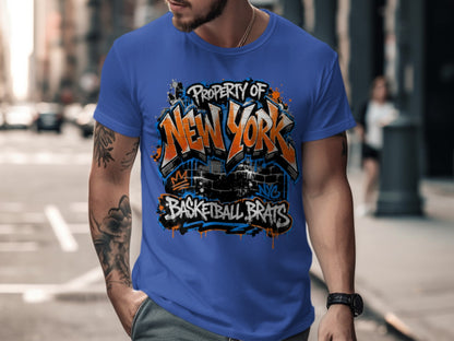 Blue t-shirt with "PROPERTY OF NEW YORK BASKETBALL BRATS" in graffiti style.