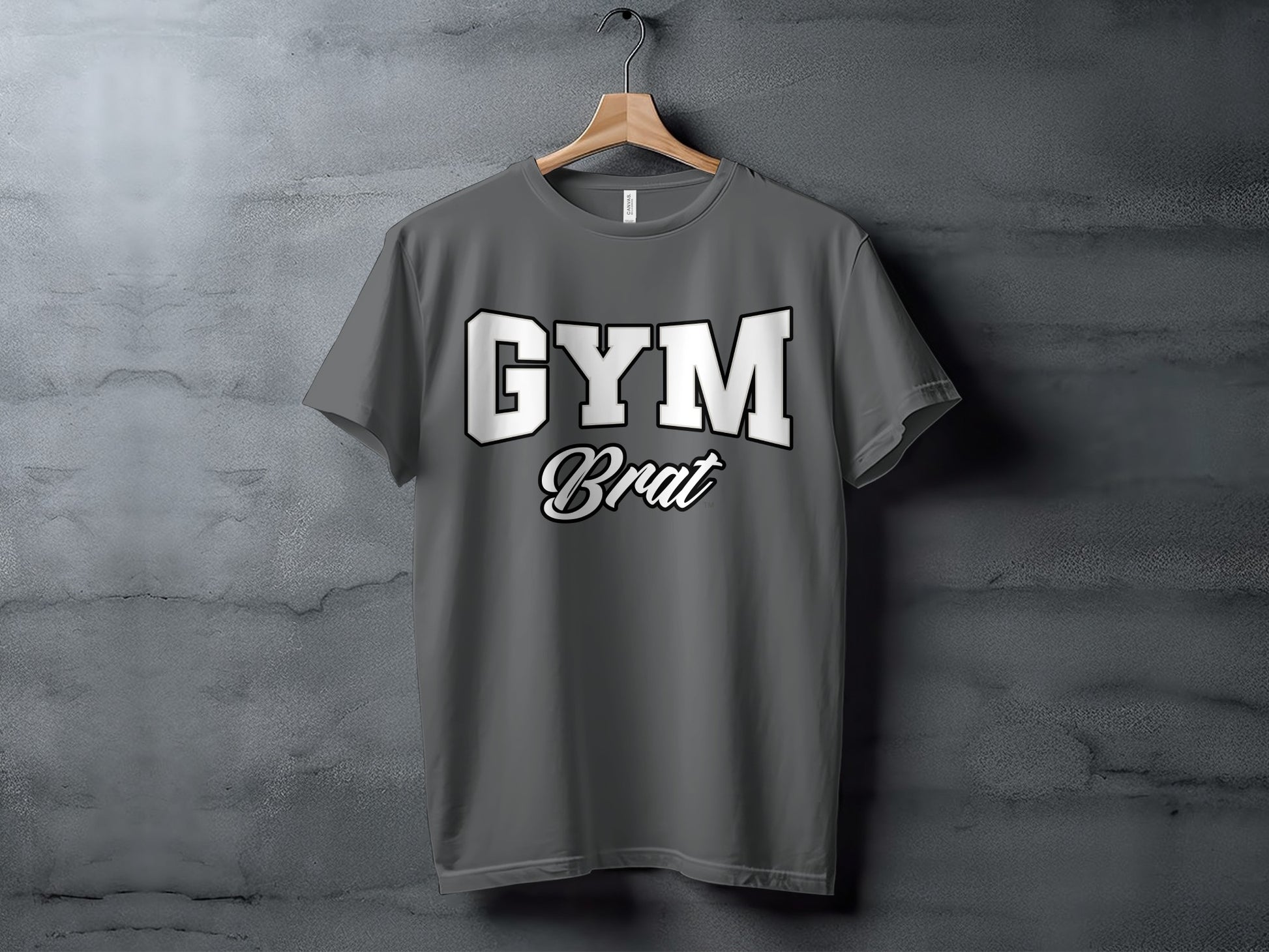 Grey t-shirt with white "GYM Brat" text displayed on the front.