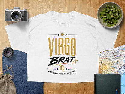 White t-shirt with "Virgo Brat" text and astrological symbols.
